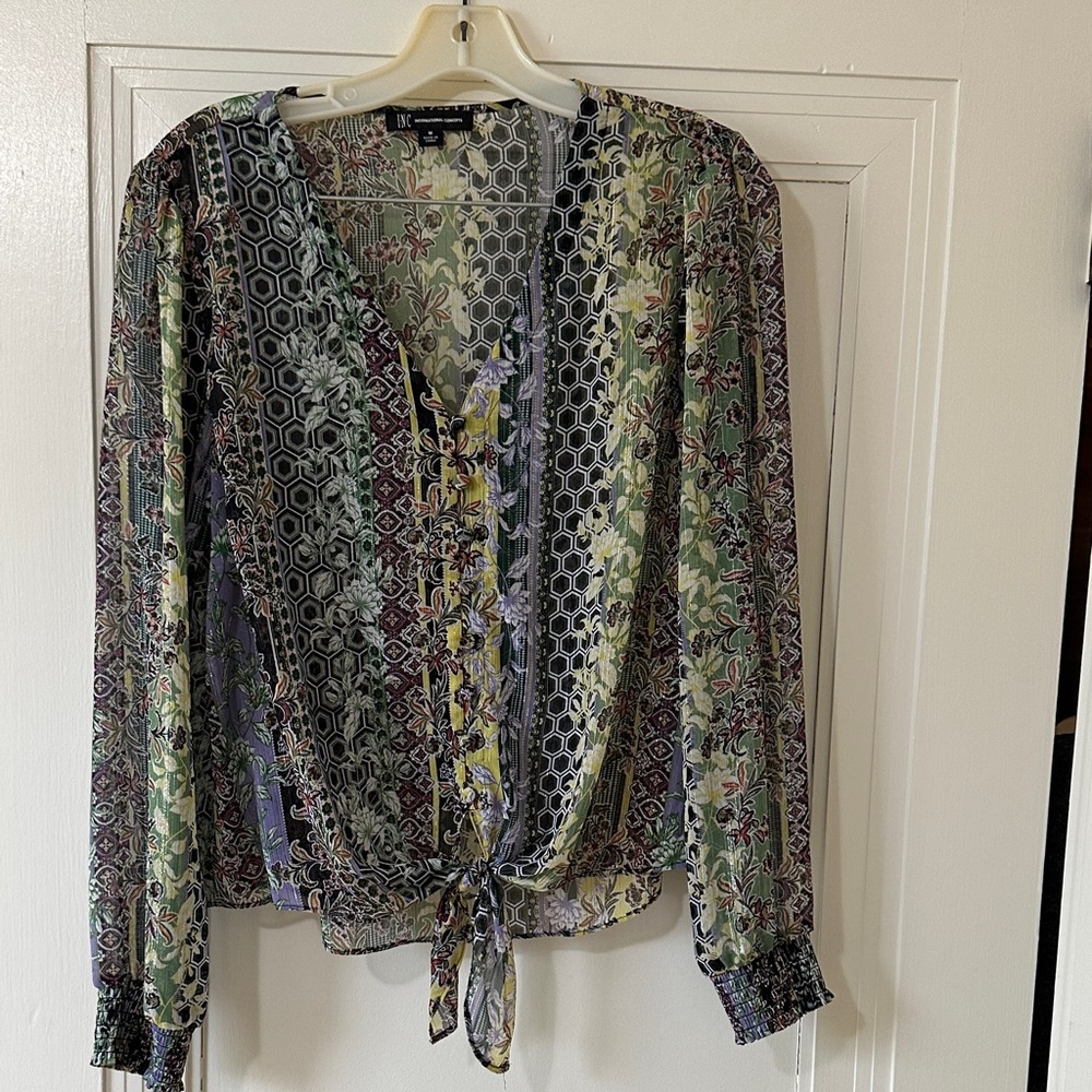 INC Green and Purple Patterned Blouse